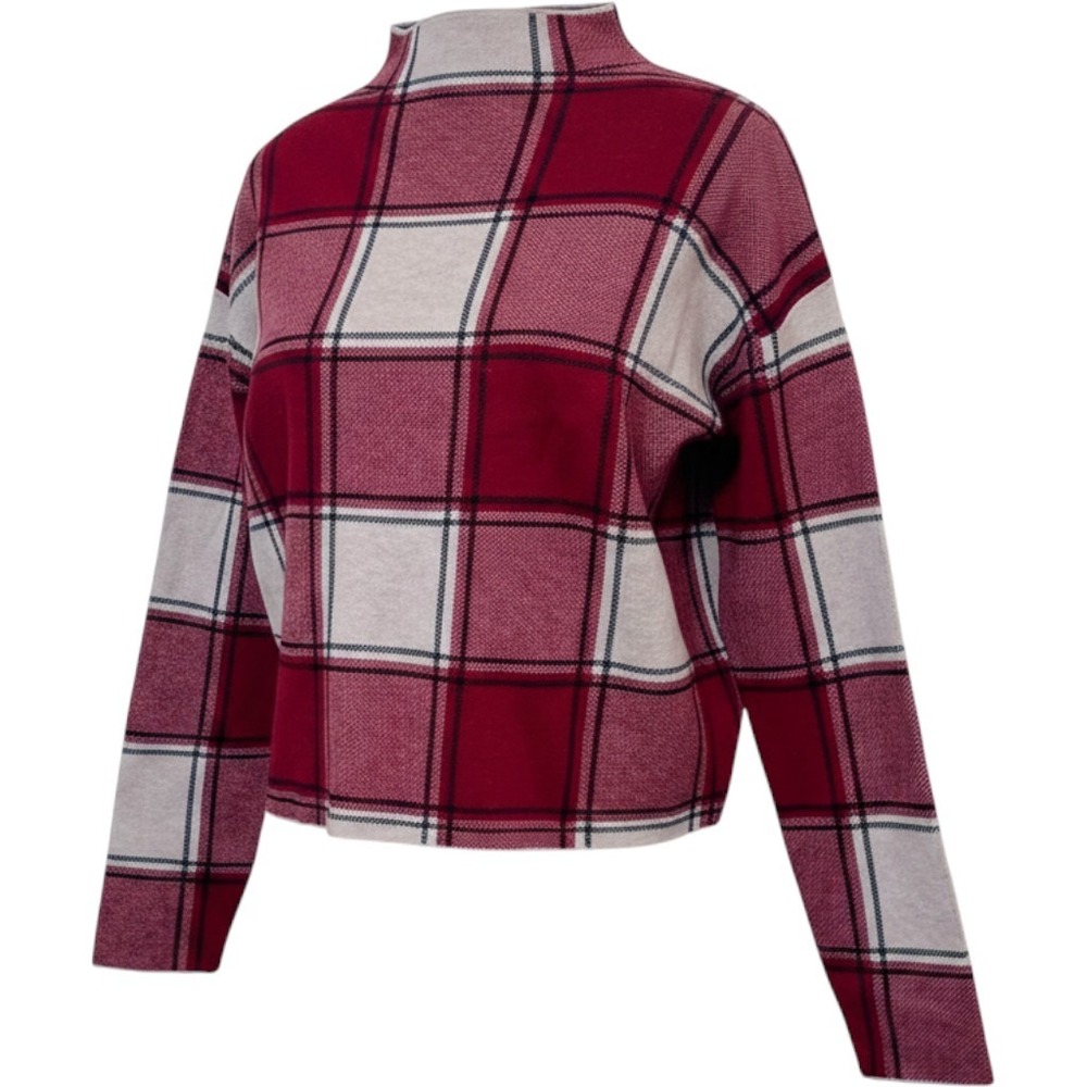 Tahari Women Sweater Small Red Plaid Mock Neck Boxy Cropped Knit Pullover Preppy